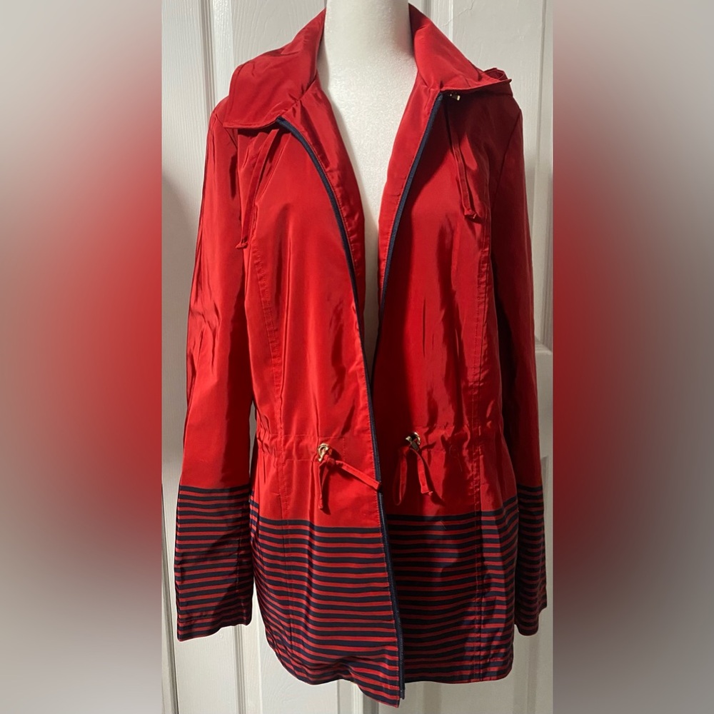 Charter Club Red Trench Coat with Navy Stripes